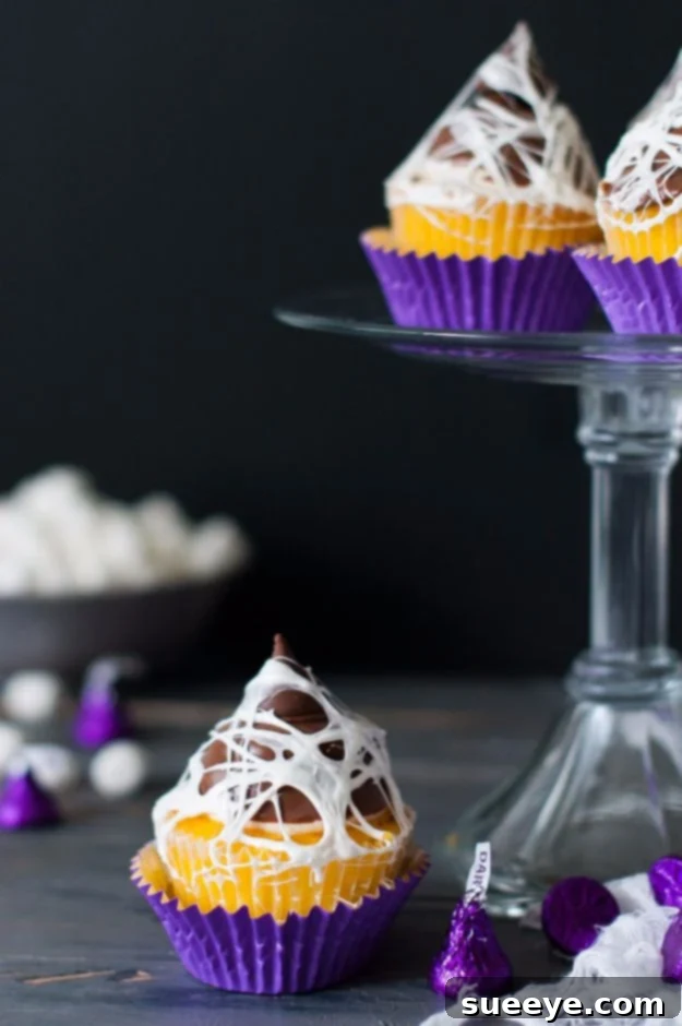 Easy Halloween Cupcake Toppers with Marshmallow Webs Spooky Marshmallow Web Cupcake Toppers for Halloween