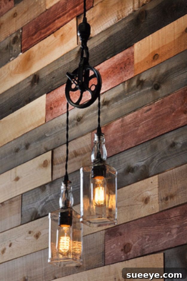 Industrial Whiskey Bottle Pulley Light Whiskey Bottle Lights with Vintage Pulley - industrial bar lighting