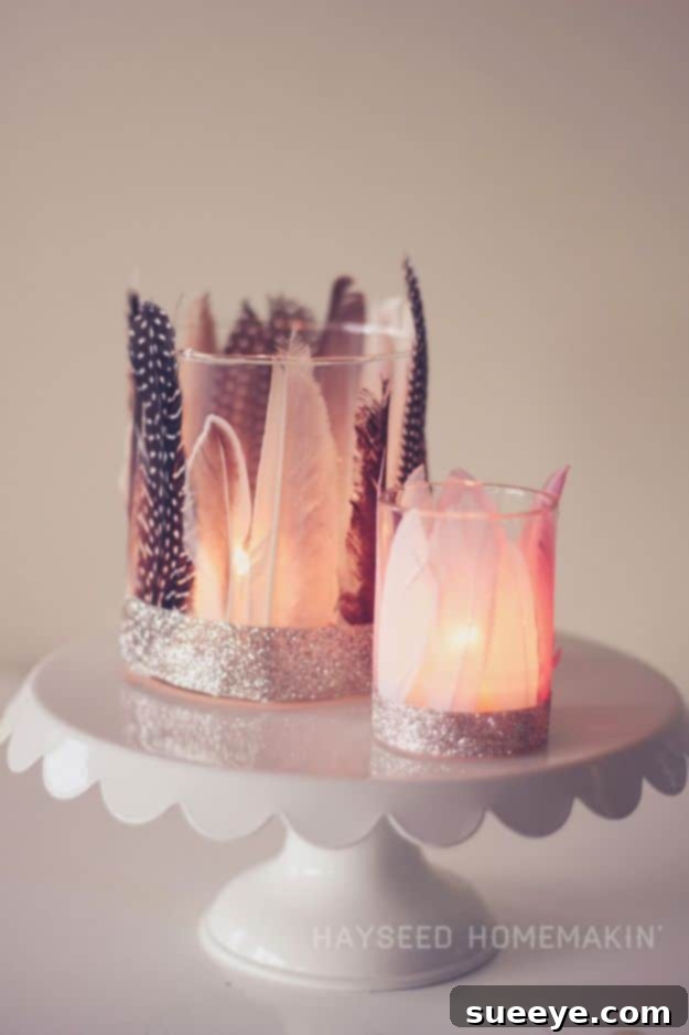 Whimsical Feathered Votive Holder Craft Boho-chic feathered votive holders, adding a whimsical and natural touch.