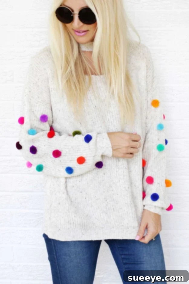 DIY Pom Pom Sweater: Cozy & Stylish Fall Fashion Upcycle Chic DIY Pom Pom Sweater for Fall Fashion - Easy No-Sew Clothing Upcycle Idea