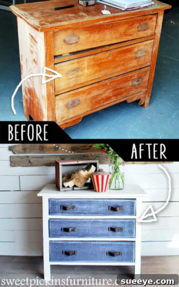 Antique Dresser with Denim Treatment DIY Makeover Antique dresser beautifully refinished with a unique denim treatment, showcasing a creative DIY furniture makeover project.