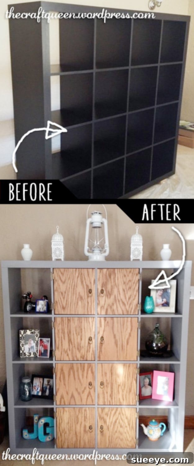 IKEA Expedit Shelves Hack Makeover IKEA Expedit shelves transformed with a creative hack, showcasing a personalized and functional storage solution.