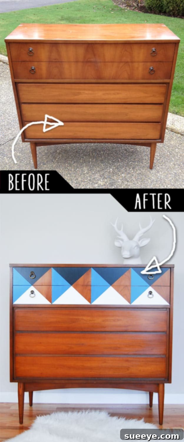 Geometric Mid-Century Dresser Makeover Mid-century dresser enhanced with a modern geometric design, showcasing a chic and artistic DIY furniture makeover.