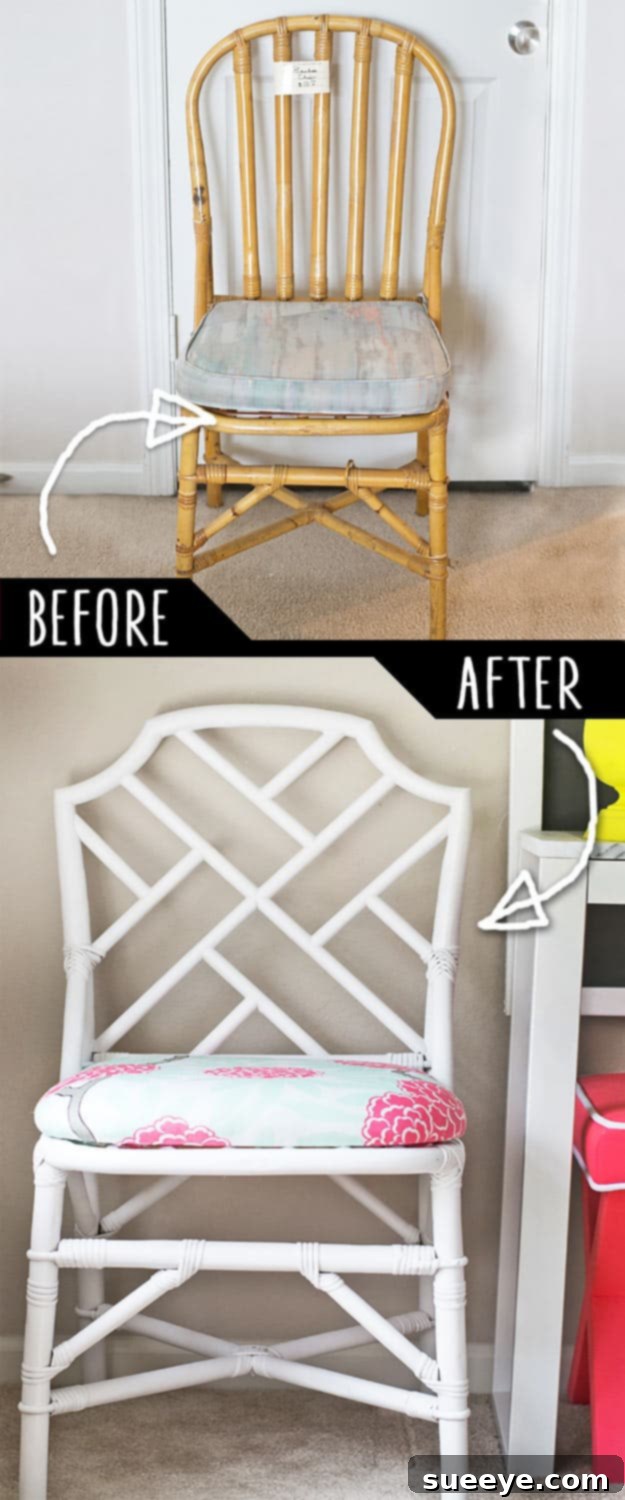 Rattan to Chinese Chippendale Chair Hack Plain rattan chair skillfully transformed into a sophisticated Chinese Chippendale style chair through a DIY project.