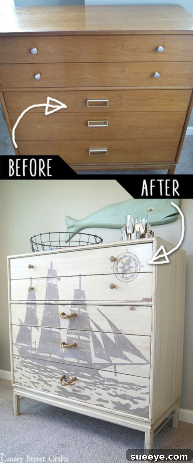 Ship Silhouette Chest of Drawers Makeover Chest of drawers featuring an elegant ship silhouette design, creating a nautical-themed DIY furniture piece.