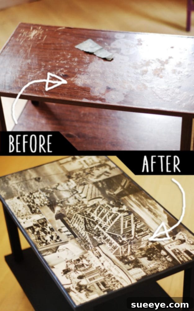 Decoupaged Vintage TV Cart Makeover Vintage TV cart stunningly transformed with decoupage featuring elegant prints, an excellent example of repurposed furniture.