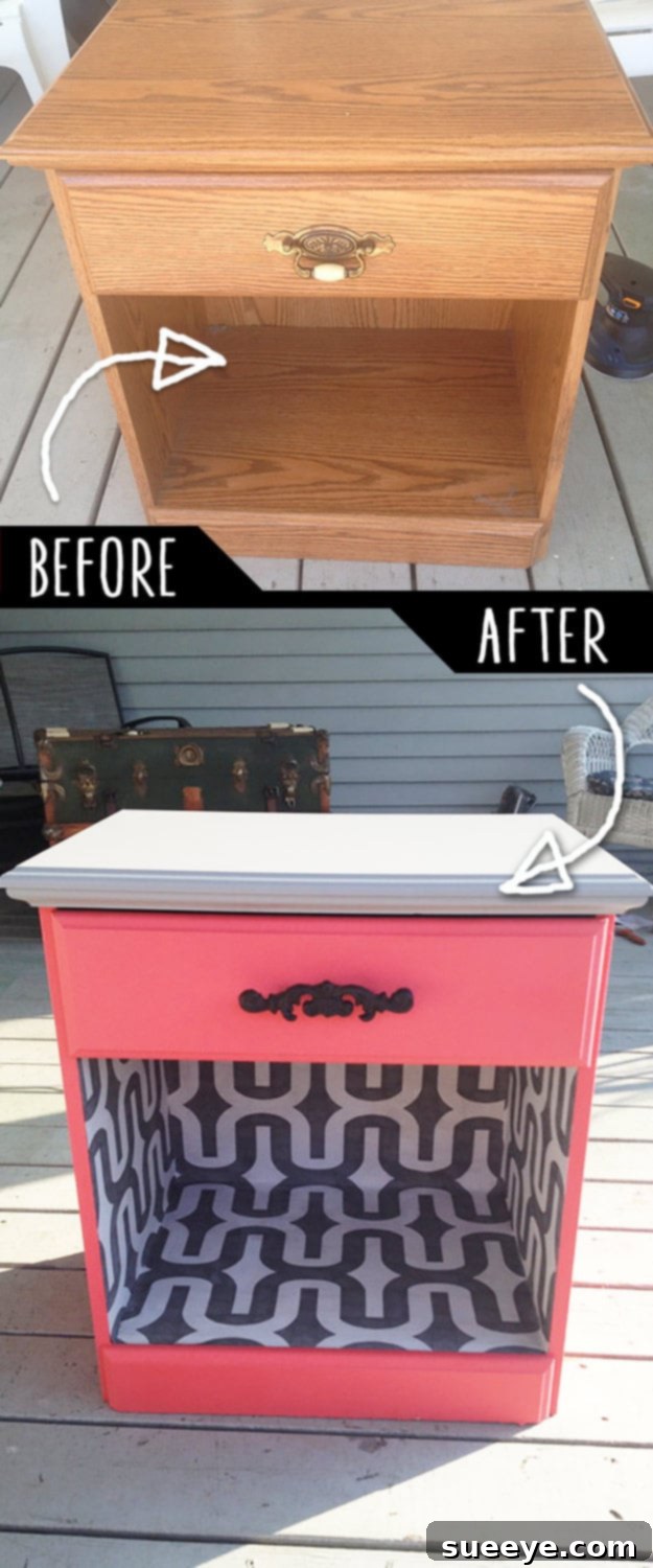 Color and Wallpaper Night Desk Revamp Night desk dramatically revamped with vibrant color and patterned wallpaper, creating a stylish and functional workspace.