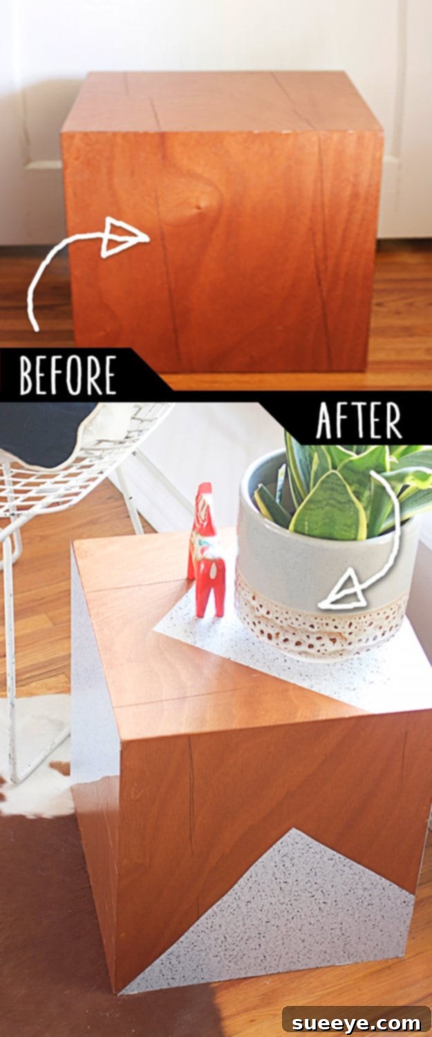 Geometric Side Table Revamp Side table revamped with a modern geometric pattern, showcasing a stylish and contemporary DIY furniture update.