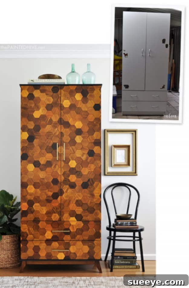 Cabinet DIY Transformation Plain cabinet dramatically transformed with paint and new hardware, creating a stylish and updated storage unit.