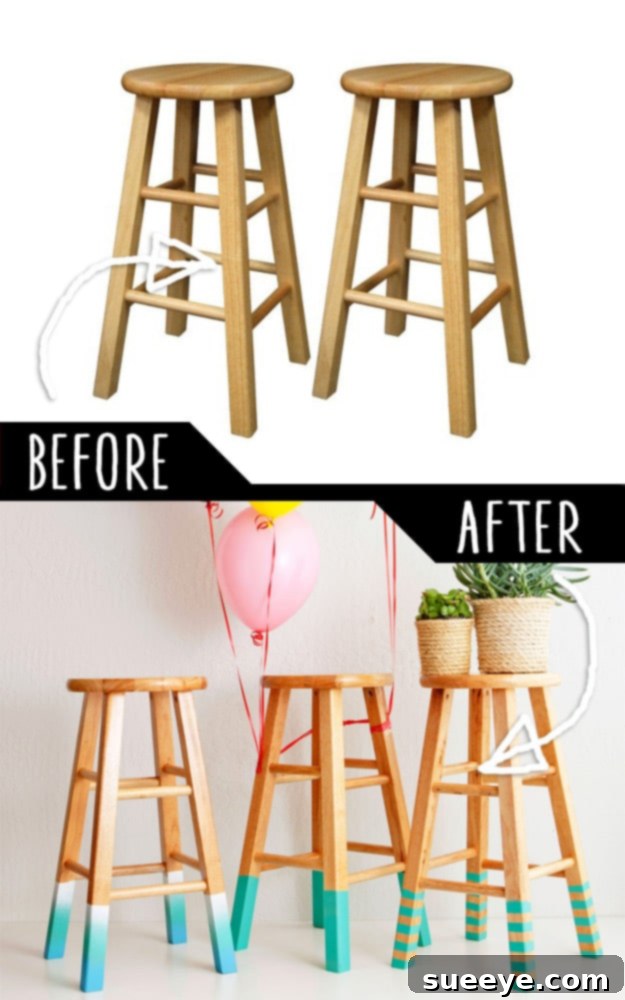Color-Dipped Bar Stools DIY Set of bar stools creatively updated with a color-dipped paint technique, offering a modern and playful DIY touch.