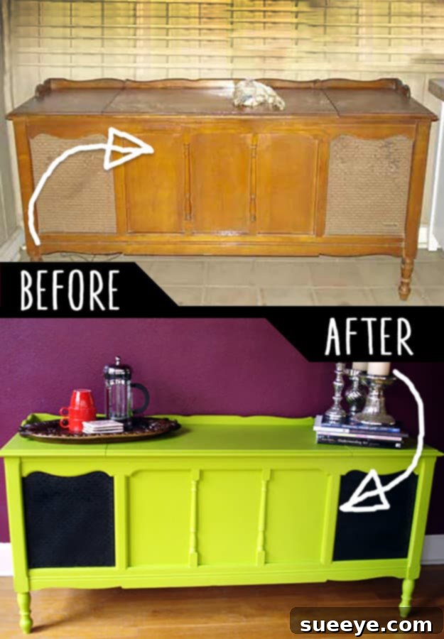 Radio Table Repurpose DIY Vintage radio table creatively repurposed and restored, showcasing a charming blend of history and modern utility.