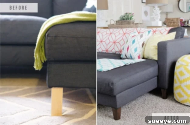 IKEA Couch Leg Replacement Hack IKEA couch elevated with stylish new legs, showcasing an easy and impactful furniture upgrade hack.