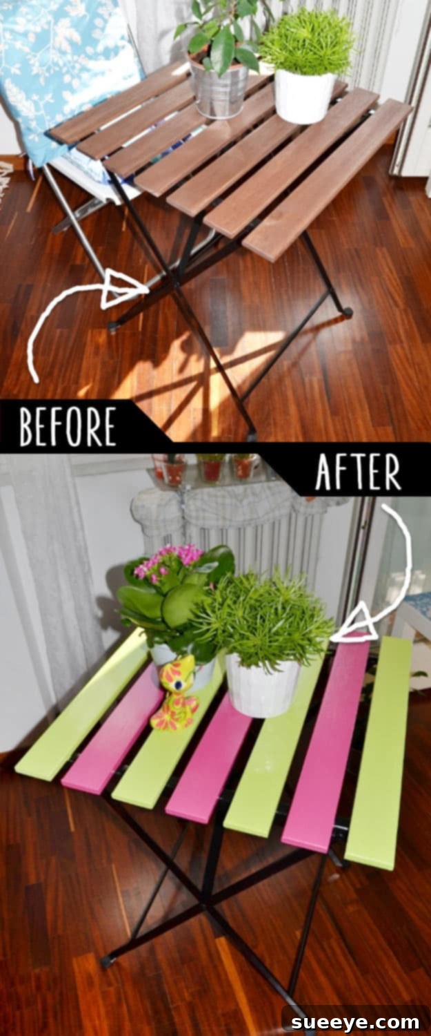 Garden Table DIY Upgrade Outdoor garden table beautifully upgraded with paint and decorative elements, making it perfect for al fresco dining or display.