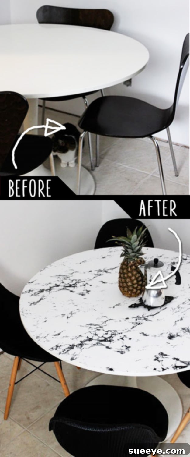 DIY Faux Marble Table Top Makeover Tabletop transformed with a DIY faux marble finish, achieving a luxurious and elegant look without real marble.