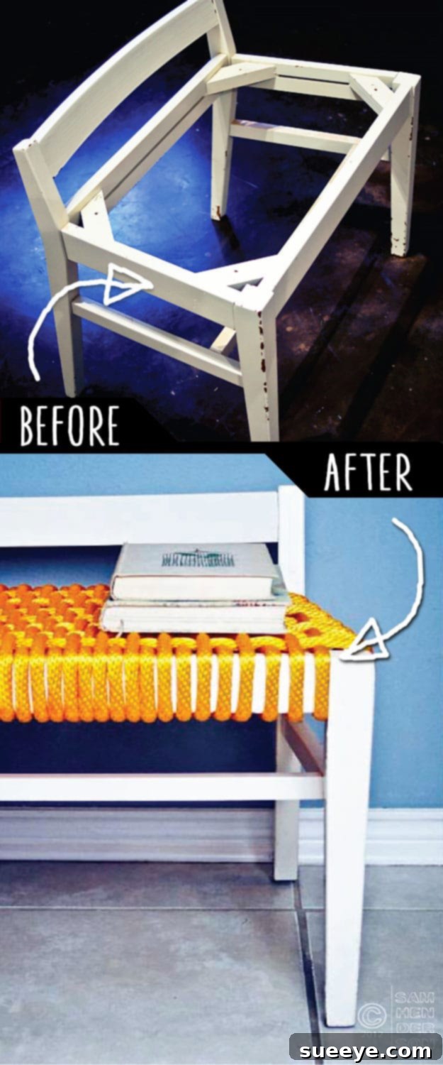 Roping Style Discard Bench DIY Discarded bench creatively transformed with a roping style makeover, adding texture and a rustic, coastal charm.