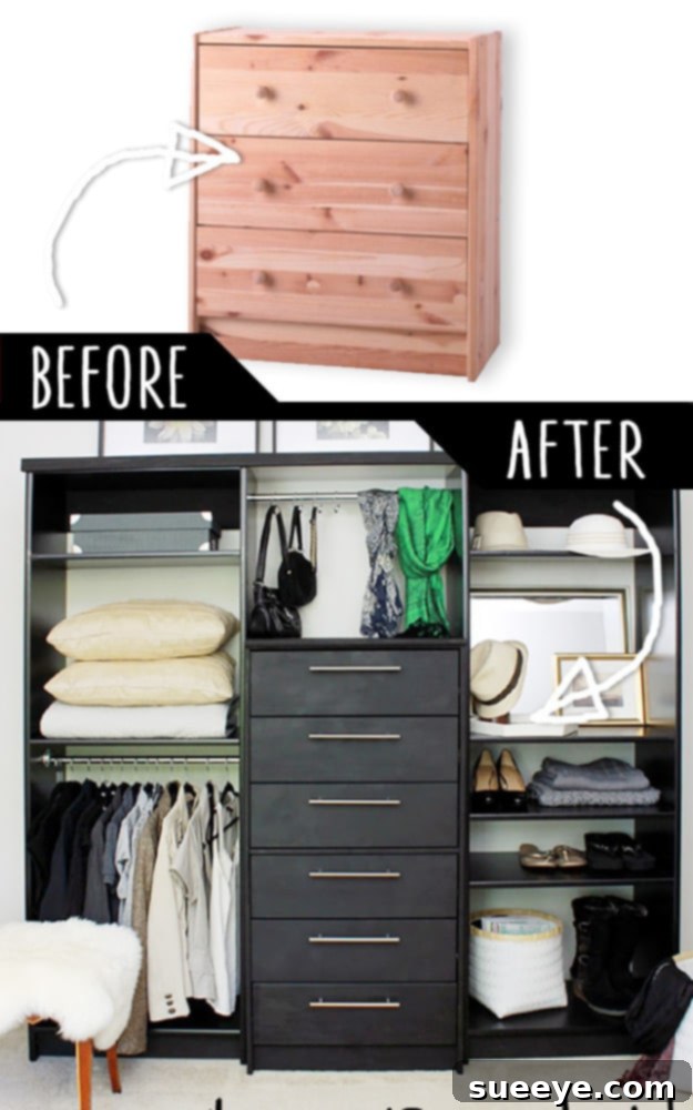 Wardrobe DIY Makeover Plain wardrobe dramatically updated with a DIY makeover, creating a personalized and stylish storage solution.