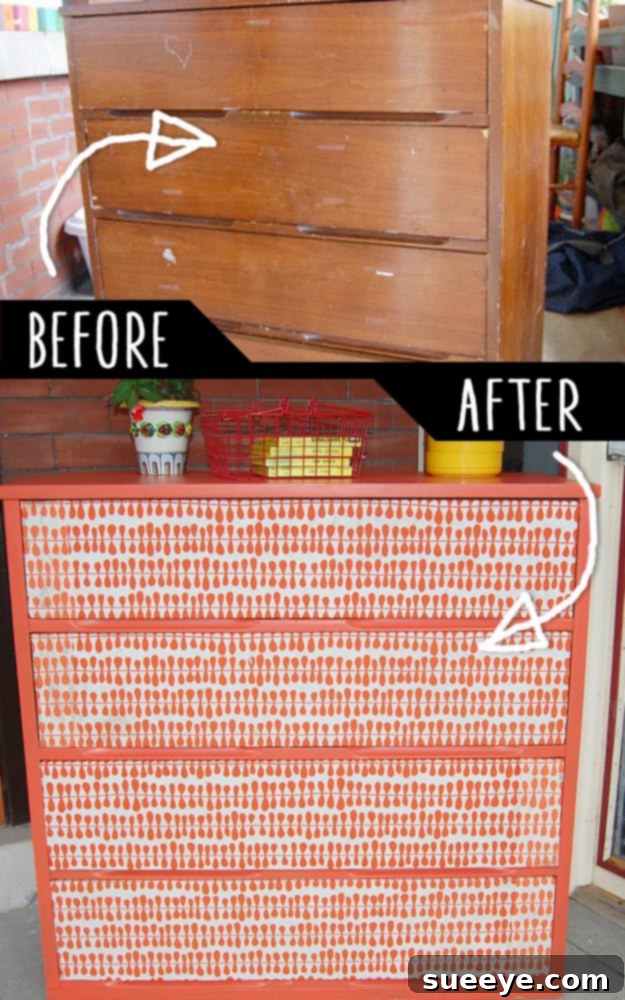 Paper Sourced Cheap Chest DIY Inexpensive chest creatively enhanced using paper for decoration, showcasing an affordable and artistic DIY furniture update.