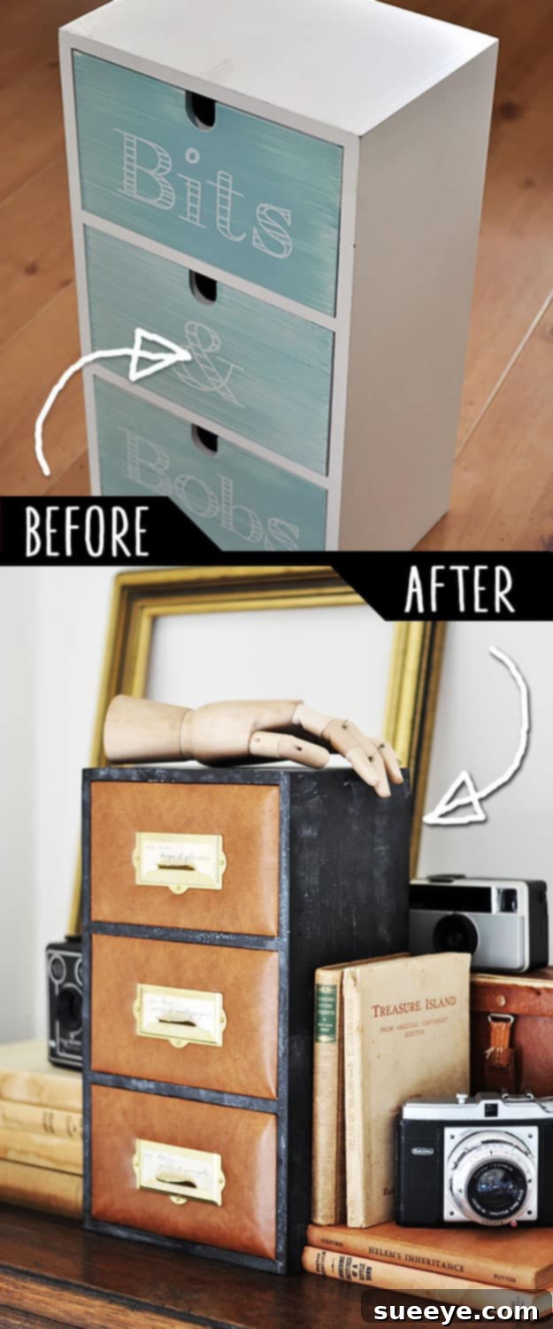 Leather Upholstered Mini Drawer Set Makeover Mini drawer set elegantly upholstered with leather, transforming it into a sophisticated and tactile storage solution.