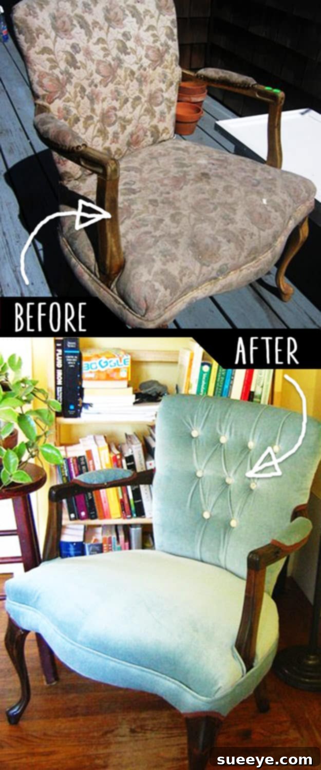 DIY Reupholstered Chair Makeover Classic chair elegantly reupholstered with new fabric, giving it a fresh and modern appeal.