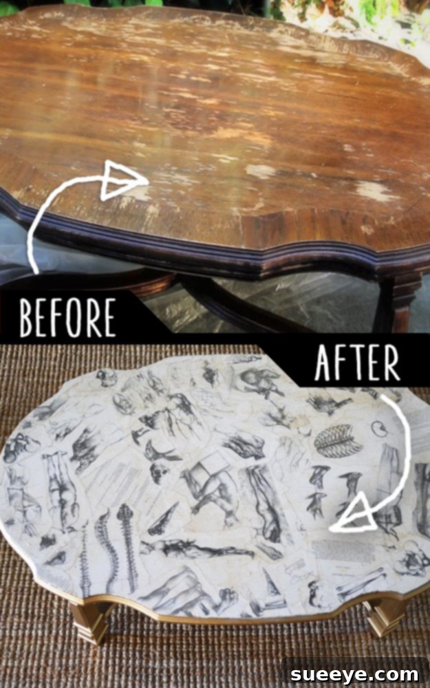 DIY Decoupaged Coffee Table Makeover Coffee table transformed with a decoupage art book treatment, creating a unique and personalized surface design.