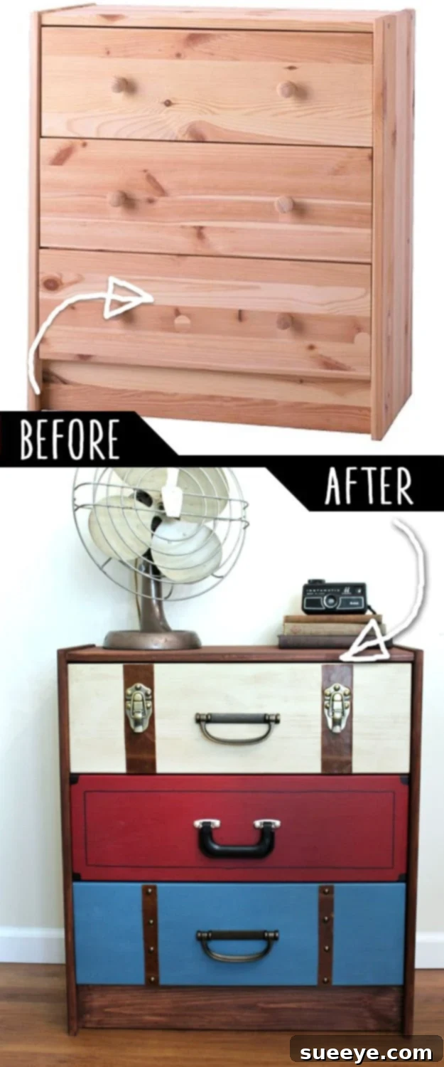 Suitcase Dresser IKEA Rast Hack IKEA Rast dresser creatively transformed into a vintage suitcase-style dresser, showcasing a unique furniture hack.