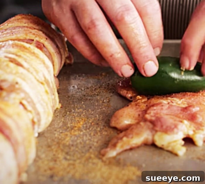 Assembling bacon-wrapped jalapeno popper chicken breasts before grilling or baking