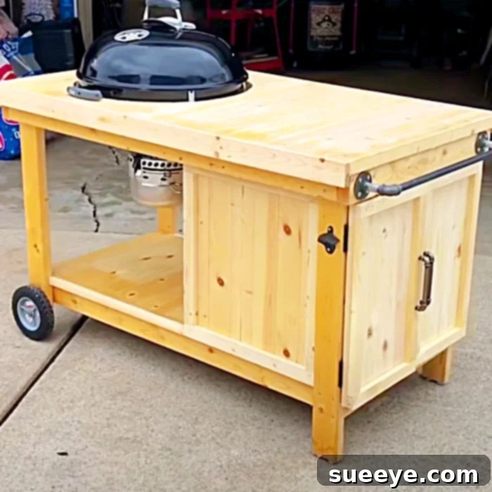 Simple DIY Weber Grill Cart 3 Completed Easy Build Weber BBQ Cart with grill and accessories on patio.