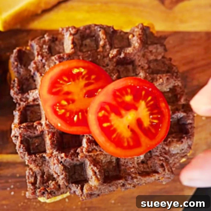 Steak Waffle Fusion 3 Easy hamburger ideas: Ground steak burgers cooked in a waffle iron, served with fresh vegetables and condiments, a great prepper food option.