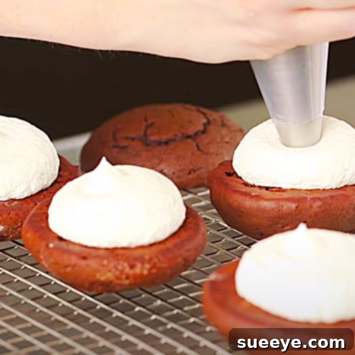 Homemade Chocolate Whoopie Pies 3 Copycat Whoopie Pie Recipe: The delicious process of assembling chocolate whoopie pies with rich, piped vanilla buttercream filling between two soft cookies. Easy baking idea.
