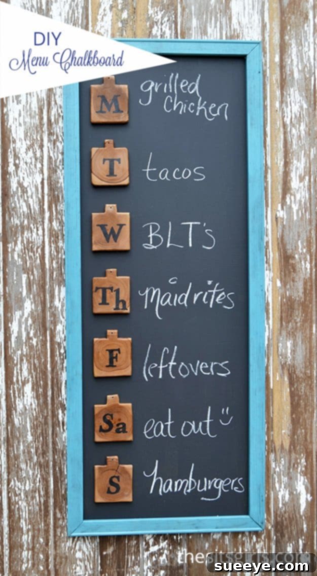 DIY Menu Board for Effortless Meal Planning and Kitchen Organization Handmade chalkboard menu board displaying a weekly meal plan in a rustic kitchen
