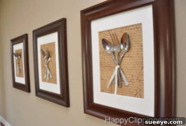 DIY Silverware Wall Art for Eclectic Kitchen Decor Unique DIY wall art created from repurposed vintage silverware arranged creatively