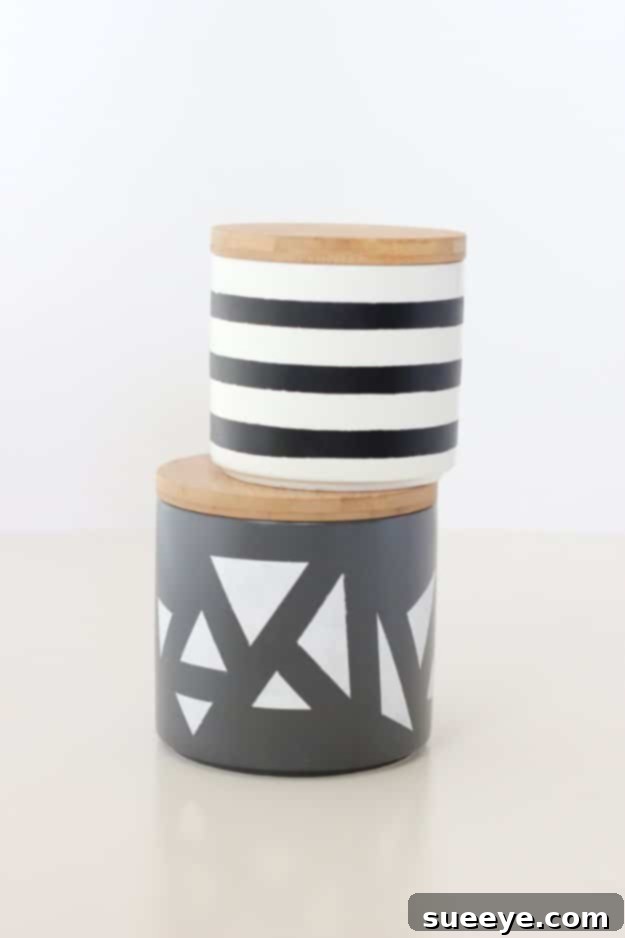 DIY Geometric Painted Treat Jars for Modern Kitchen Storage Glass treat jars decorated with simple geometric painted patterns, holding snacks