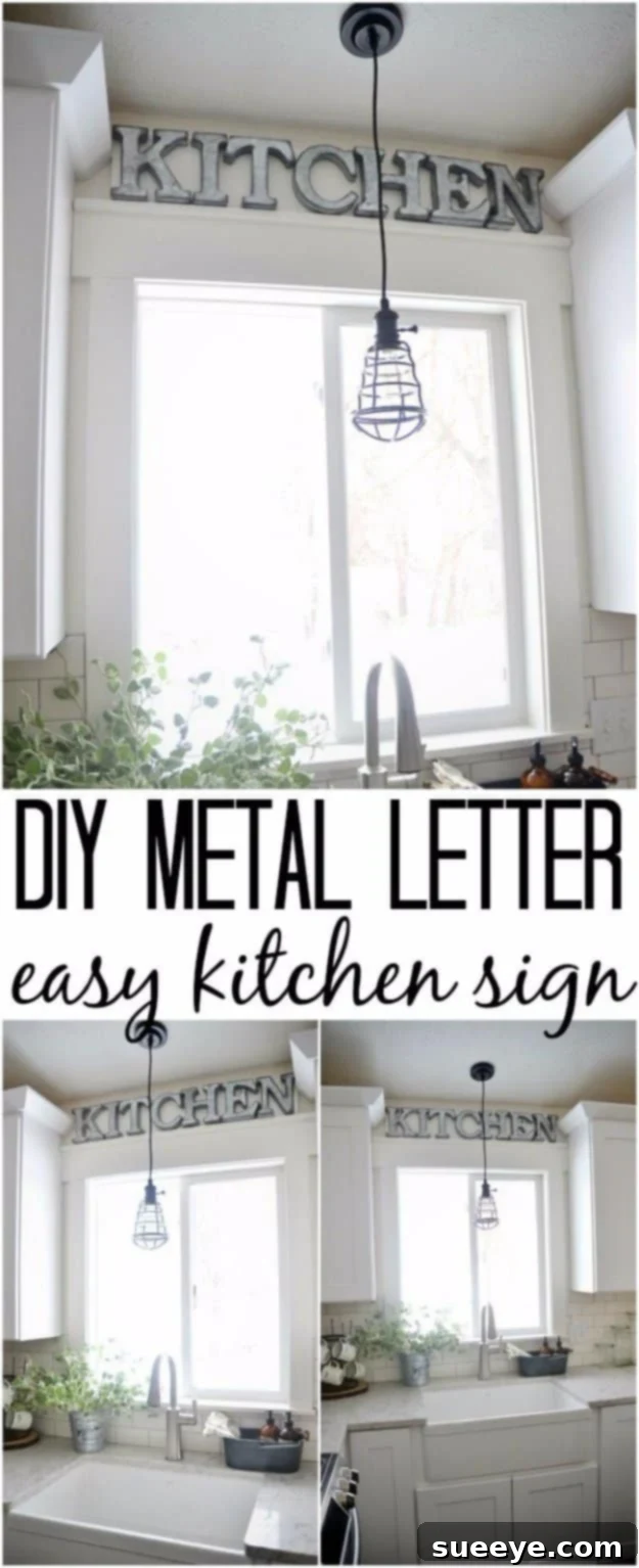 DIY Industrial Metal KITCHEN Sign for Vintage or Modern Spaces Industrial style metal letter sign spelling 'KITCHEN' displayed above a kitchen counter