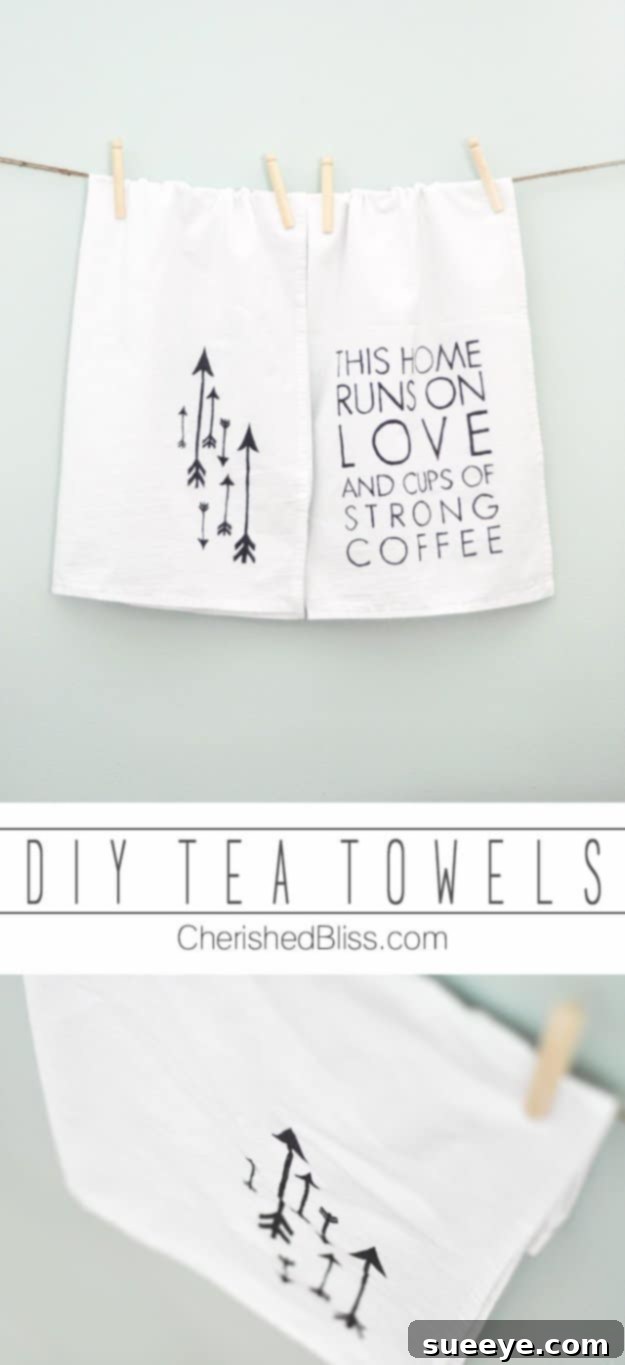 DIY Tea Towels for Personalized Kitchen Decor and Gifts Custom-made DIY tea towels with unique patterns or quotes, hanging in a kitchen