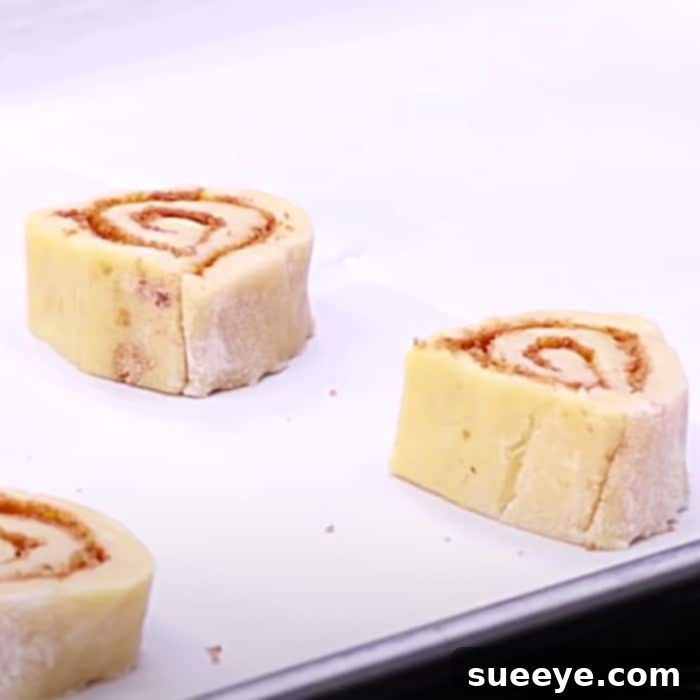 Ultimate Cinnamon Roll Cookies 2 Freshly cut cinnamon roll cookie dough rounds ready for baking, showcasing the beautiful swirl.