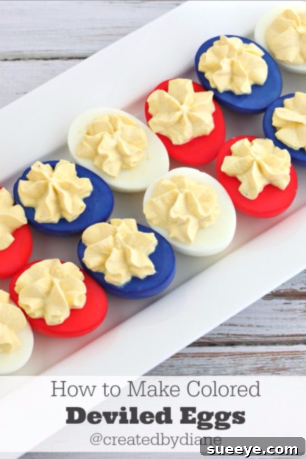 Patriotic Red, White, and Blue Deviled Eggs Red White and Blue Deviled eggs for July 4th appetizer idea