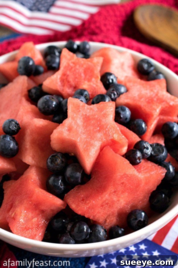 Star Spangled Fruit Salad - Festive & Healthy 4th of July Treat Watermelon blueberry fruit salad makes an awesome backyard party idea for july fourth