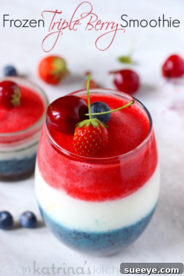 Triple Berry Frozen Smoothies - Layered Red, White, Blue Triple Berry Frozen Smoothies - Refreshing 4th of July Drink