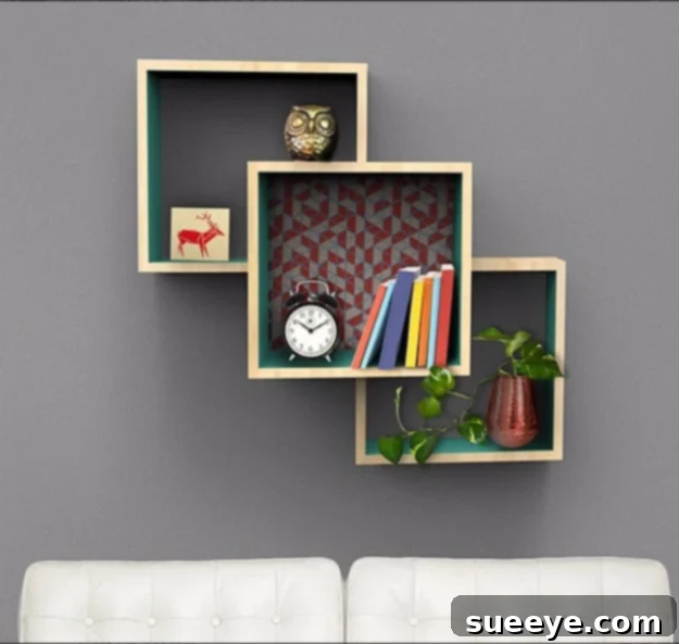 Modern wall-mounted display shelves for showcasing collectibles and art
