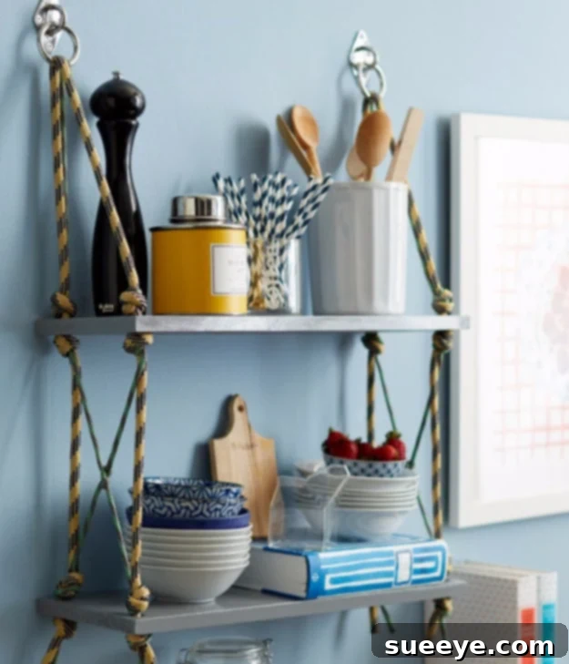 Bohemian-inspired wrap-up rope shelves for casual and charming decor
