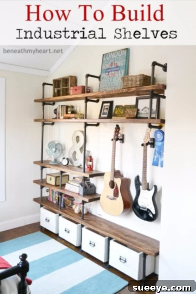 Rugged DIY industrial shelves for a factory-chic aesthetic and heavy-duty storage