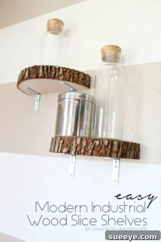 Unique modern industrial wood slice shelf for rustic and farmhouse interiors