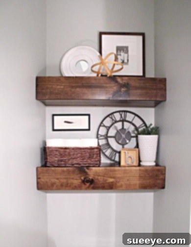 Robust chunky wood bathroom shelves for practical and stylish storage