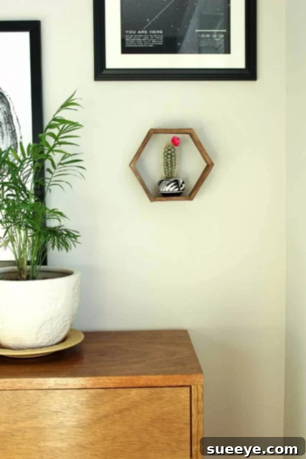 Miniature DIY popsicle stick hexagon shelf for cute and crafty wall art
