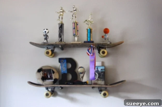 Creative DIY skateboard shelves for a playful, urban, or teen room decor
