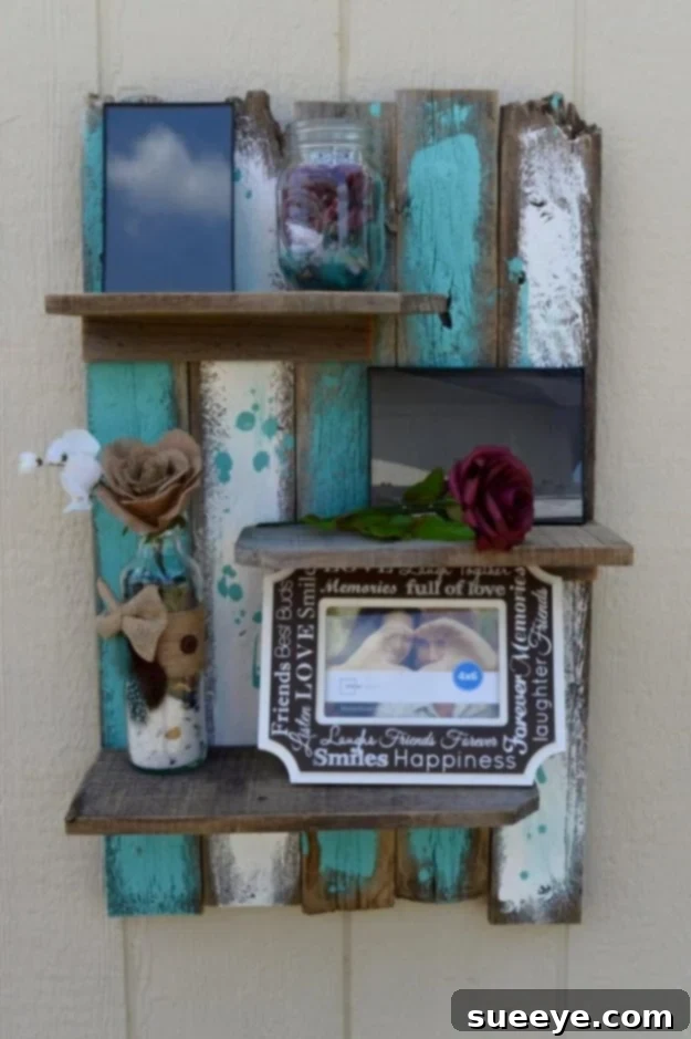 Eco-friendly simple rustic pallet wall shelf for farmhouse or industrial interiors