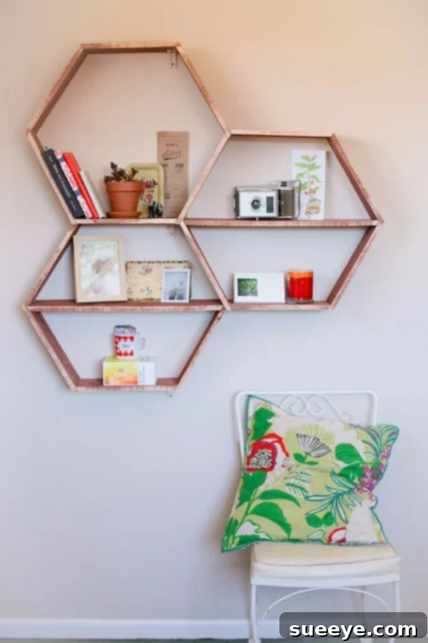 Geometric DIY honeycomb shelves for artistic and modern wall displays