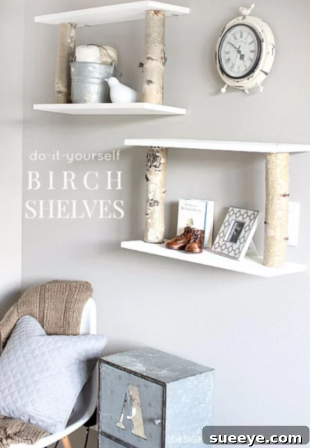 Natural DIY birch shelves for a rustic, organic, and Scandinavian-inspired home