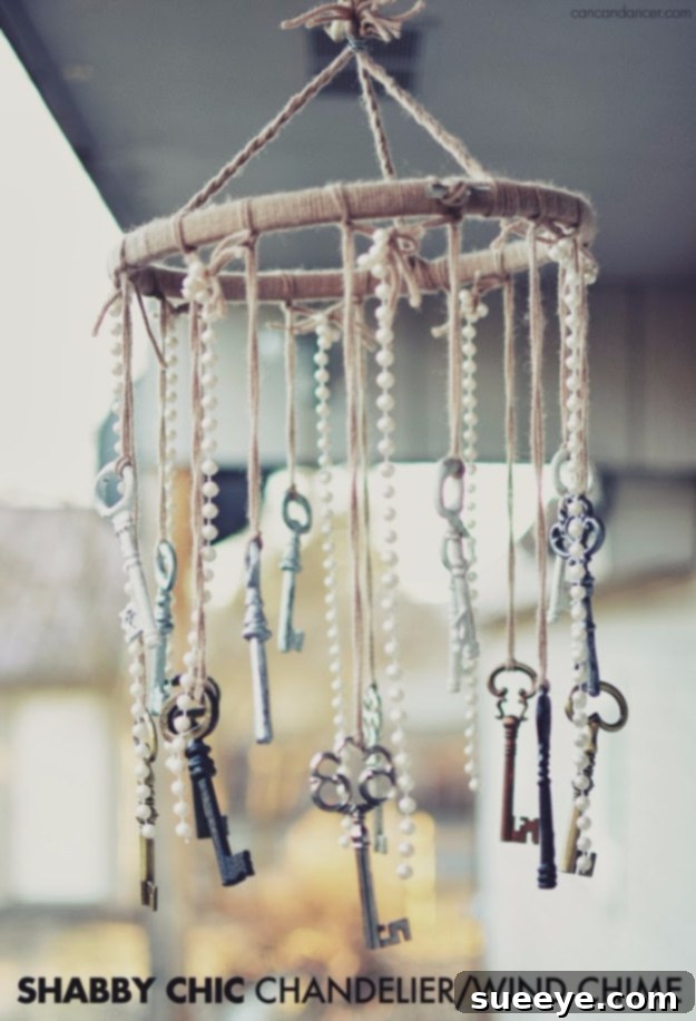 Shabby Chic Chandelier Wind Chime - Rustic Elegant Decor Shabby Chic Chandelier Wind Chime - Elegant Decor with Faux Pearls, Twine, and Antique Keys