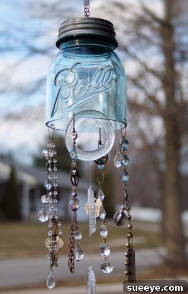 Mason Jar Wind Chimes - Repurposed Decor Mason Jar Wind Chimes - Upcycled Craft with Cut Mason Jars and Costume Jewelry